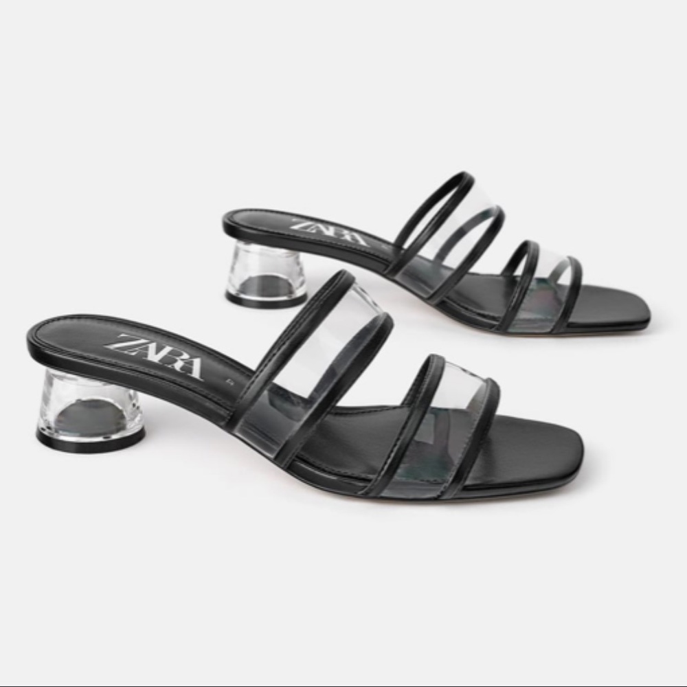 ZARA  Transparent Black Leather Slides Vinyl Straps Clear Heel Woman Sandals 39